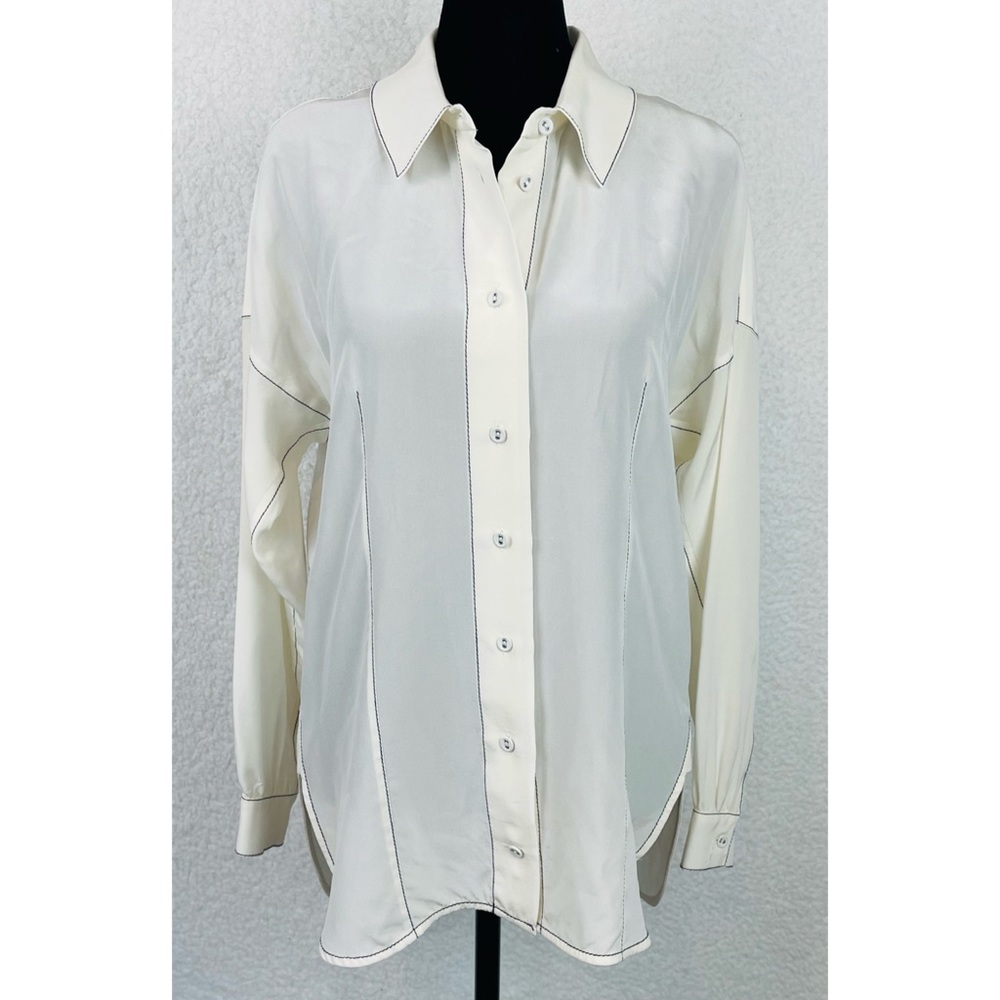 ALEXIS • 100% Silk White/Black Contrast Long Sleeve Button-Down Shirt, S - Picture 13 of 13